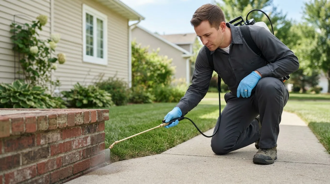 Pest control technician treating a home near Reelsville, IN